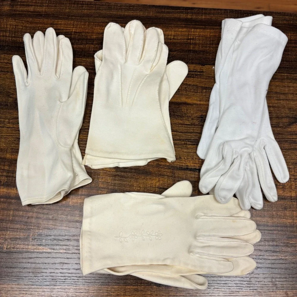 Vintage White Cream Formal Gloves Lot of 4 Pairs Mid Century Embroidered Costume